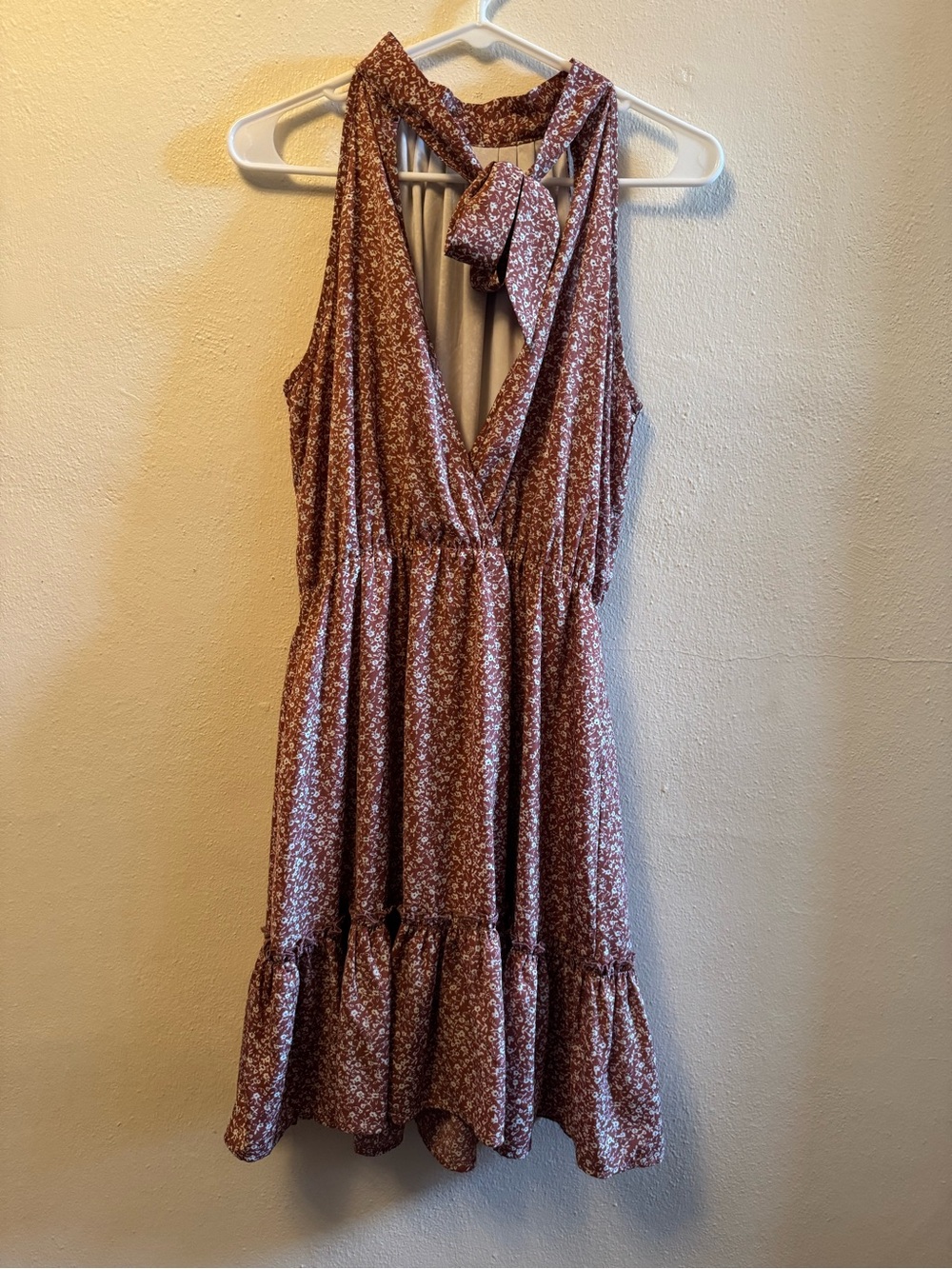 BTFBM Floral Halter Neck Ruffle Mini Dress - Brick Red/Mauve Boho Sundress- S - Picture 2 of 9